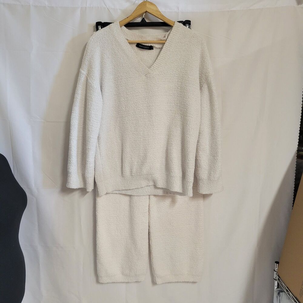 Merokeety Fuzzy Fleece Lounge V-Neck Sweater Wide Leg Pants White Sleepwear Set